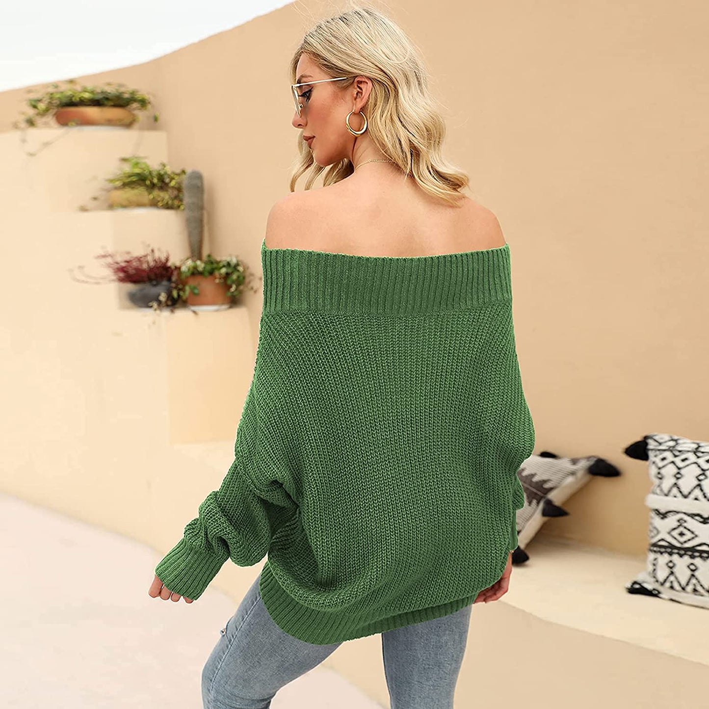 EXLURA Women's 024 New Off Shoulder Sweater Batwing Sleeve Loose Oversized Pullover Knit Jumper