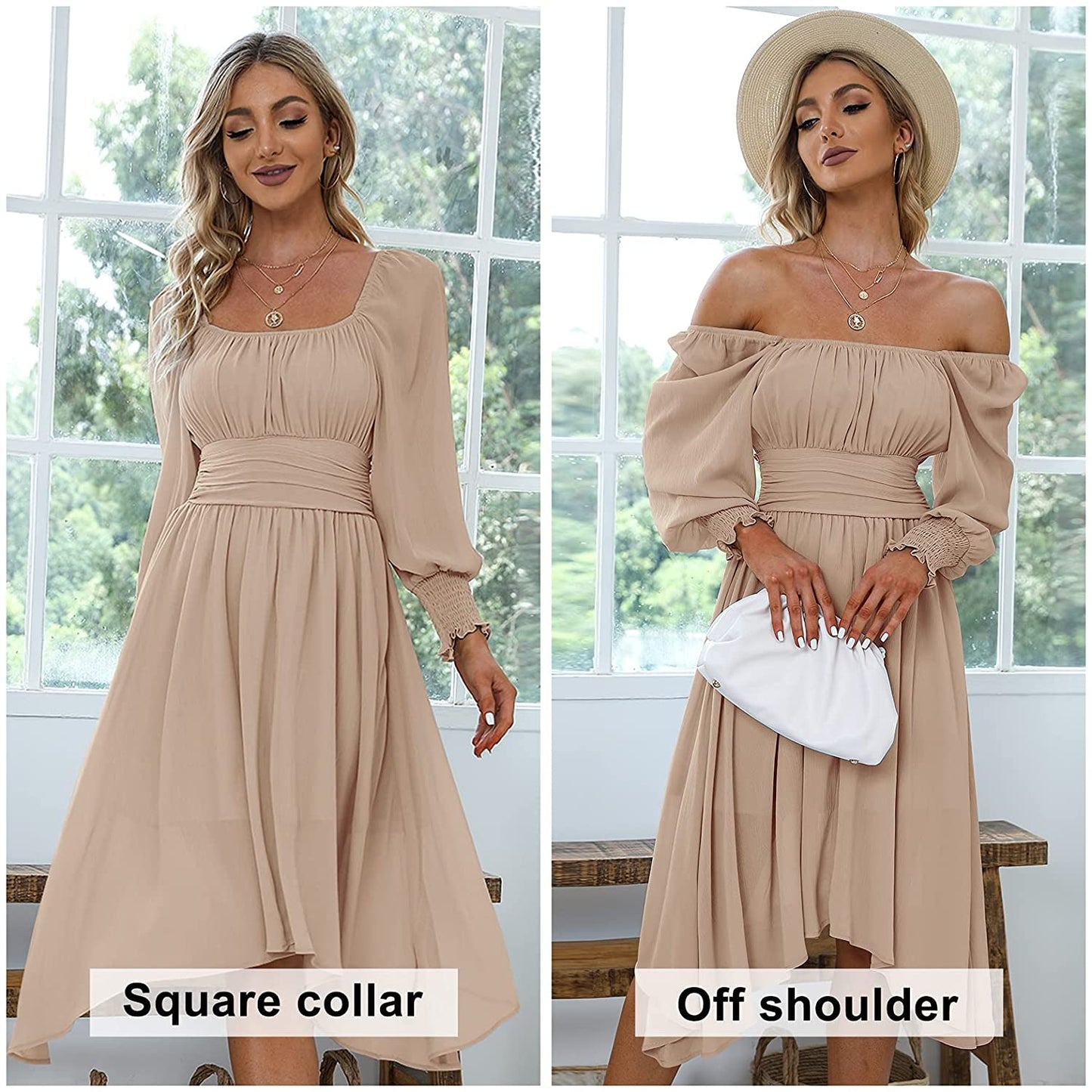 EXLURA Women's Tie Back Asymmetrical Hem Off Shoulder A-line Dresses Long Lantern Sleeve Ruffle Midi Dress