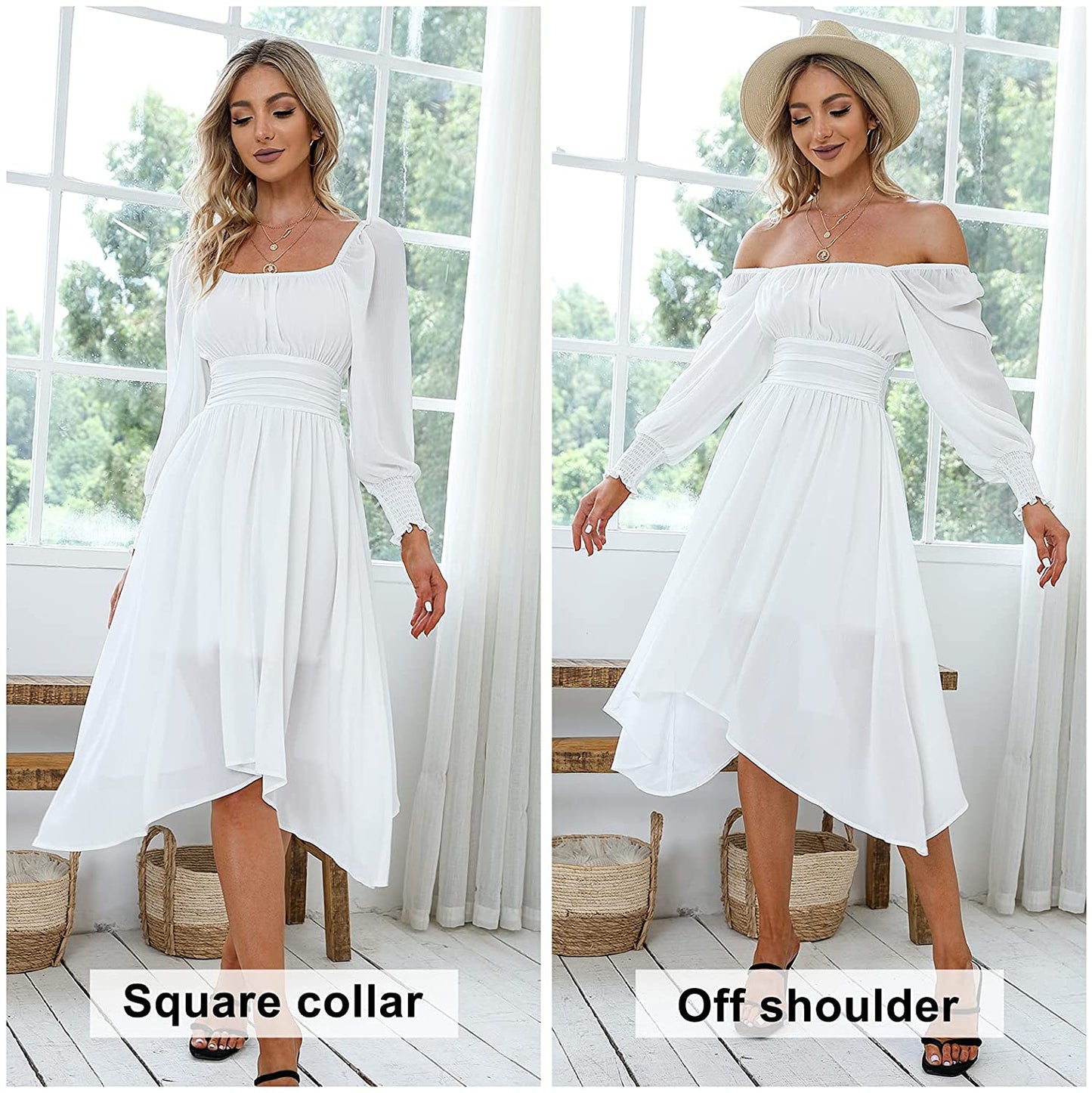 EXLURA Women's Tie Back Asymmetrical Hem Off Shoulder A-line Dresses Long Lantern Sleeve Ruffle Midi Dress