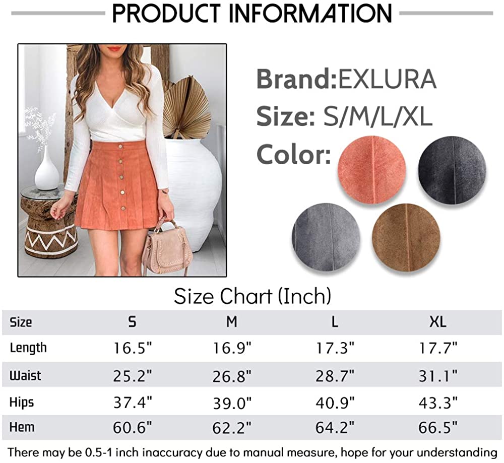 Exlura Womens Faux Suede High Waist Pleated Short Skirt Elastic Button Front Skater Mini Skirt