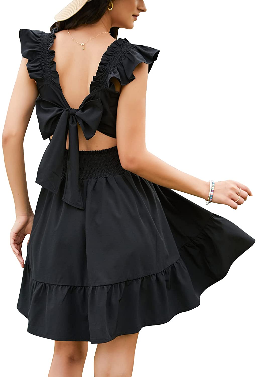 EXLURA Women's Square Neck Tie Back Ruffle Strappy Ruched Short Mini Dress Smocked Backless Tank Sleeveless Sundress Dress