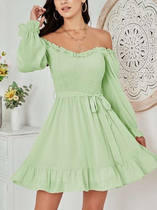 EXLURA Women’s Sweetheart Neckline Ruffle Flowy Dress Smocked Long Puff Sleeve Mini Dress Cottagecore Wedding Guest Dress