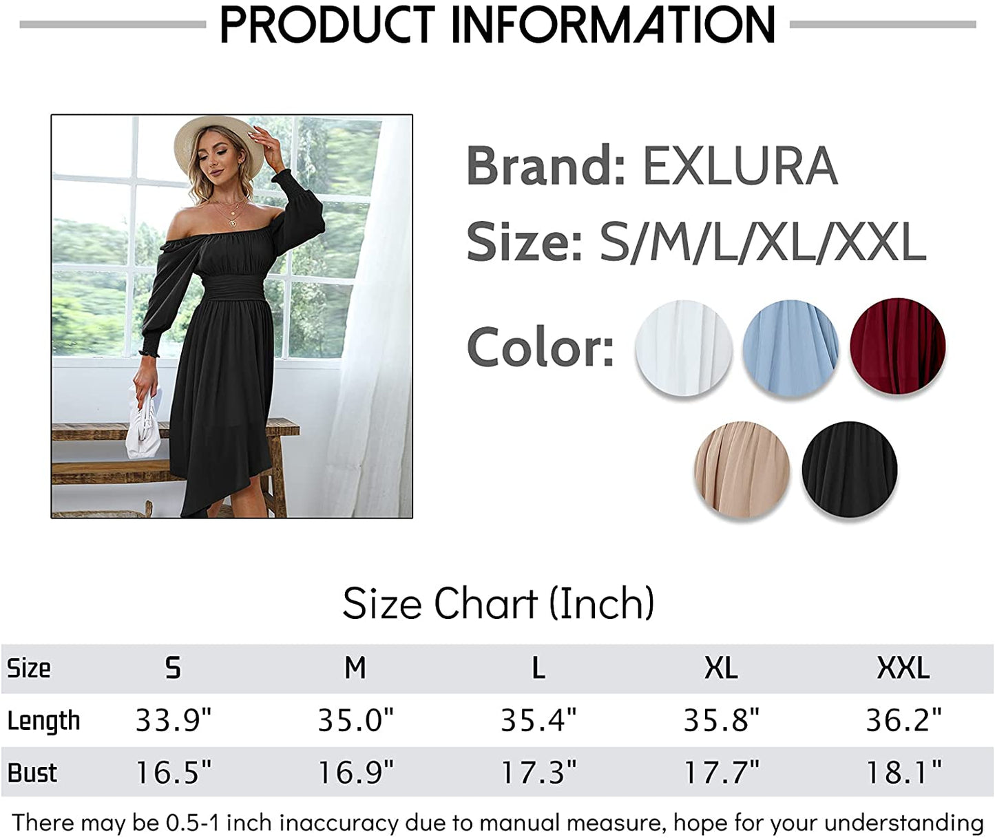 EXLURA Women's Tie Back Asymmetrical Hem Off Shoulder A-line Dresses Long Lantern Sleeve Ruffle Midi Dress