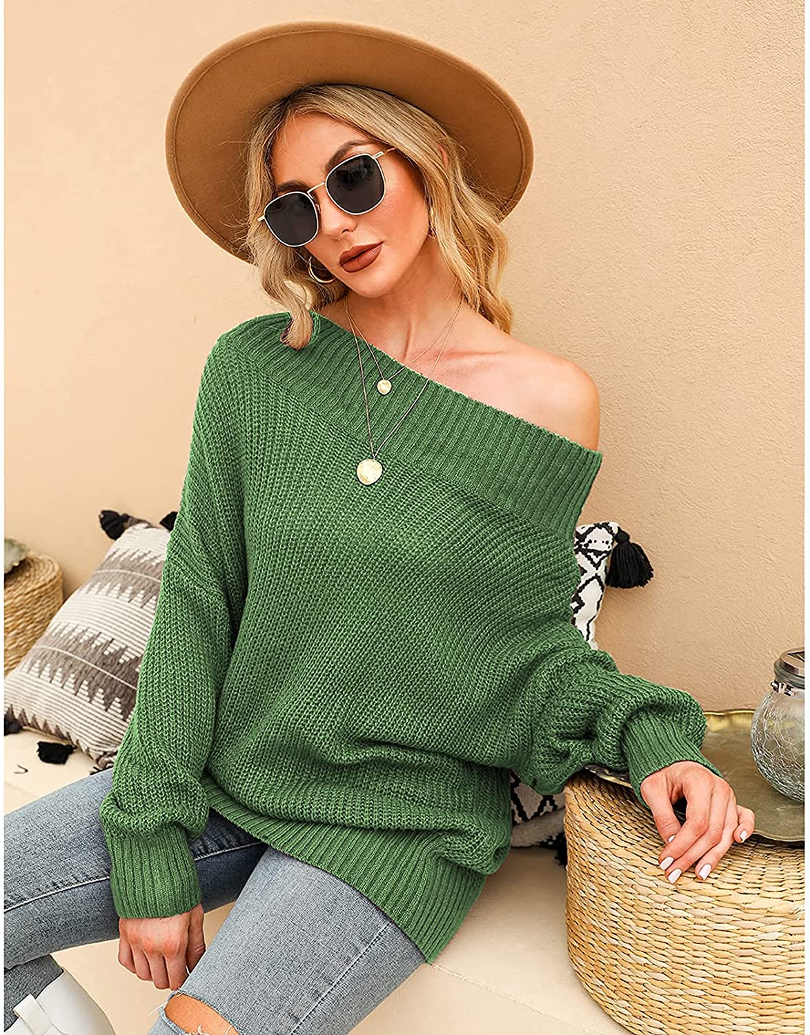 EXLURA Women's 024 New Off Shoulder Sweater Batwing Sleeve Loose Oversized Pullover Knit Jumper