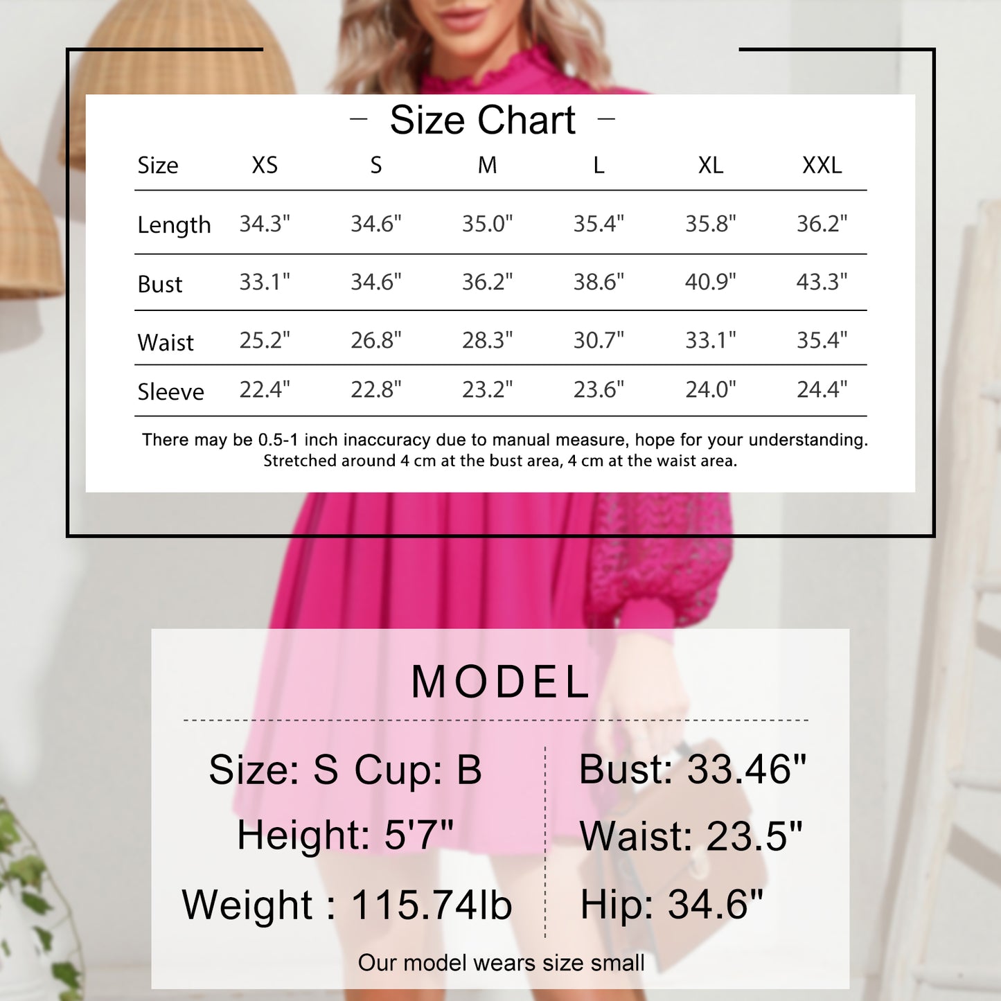 EXLURA Women’s Lace Tshirt Mini Dress Ruffle High Neck Long Puff Sleeve Swing Dress Flowy Wedding Guest Dresses