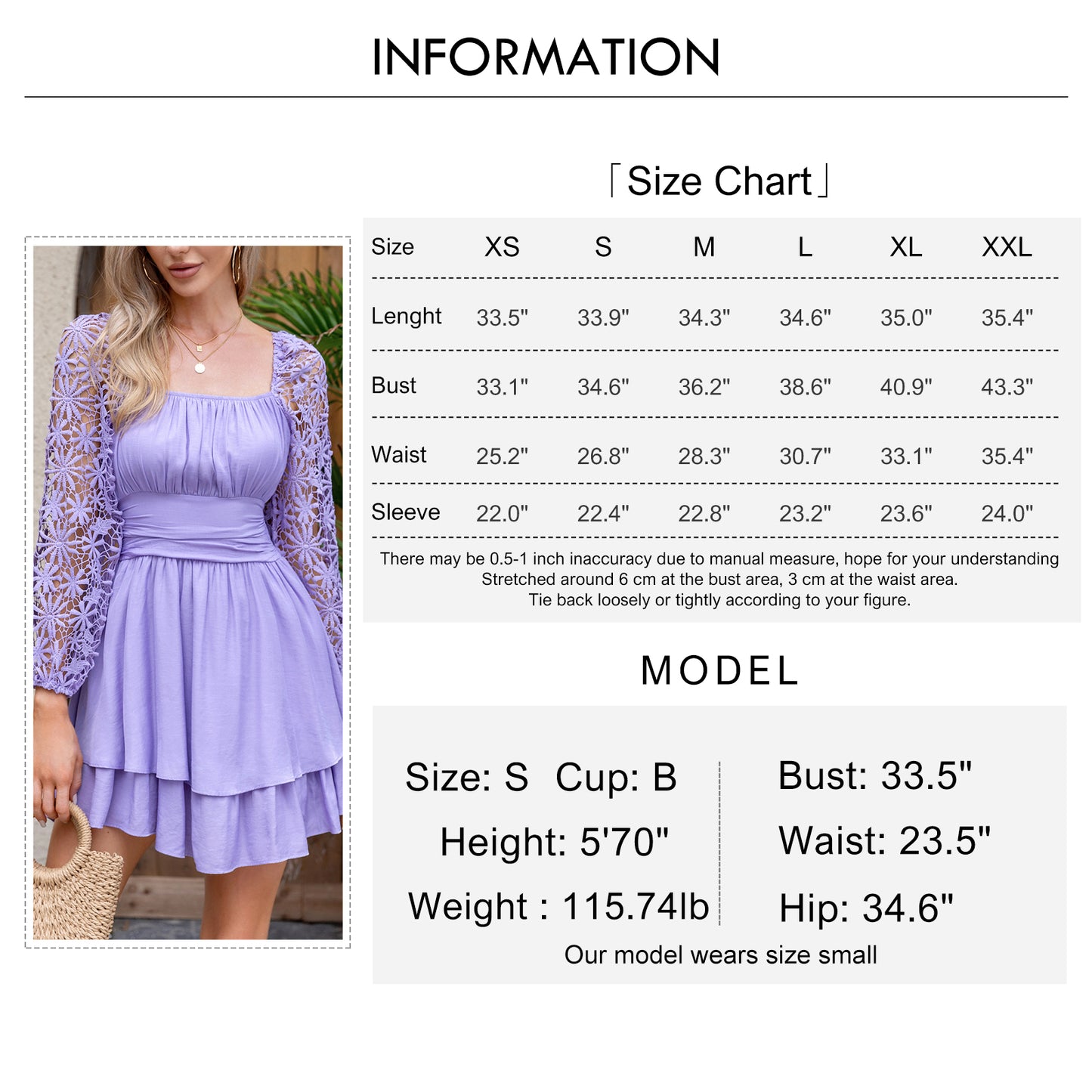 KRDR302EXLURA Women’s Lace Long Puff Sleeve Mini Dress Square Neck Backless Short Swing Party Dress Tie Back Bridesmaid Wedding Guest Dresses
