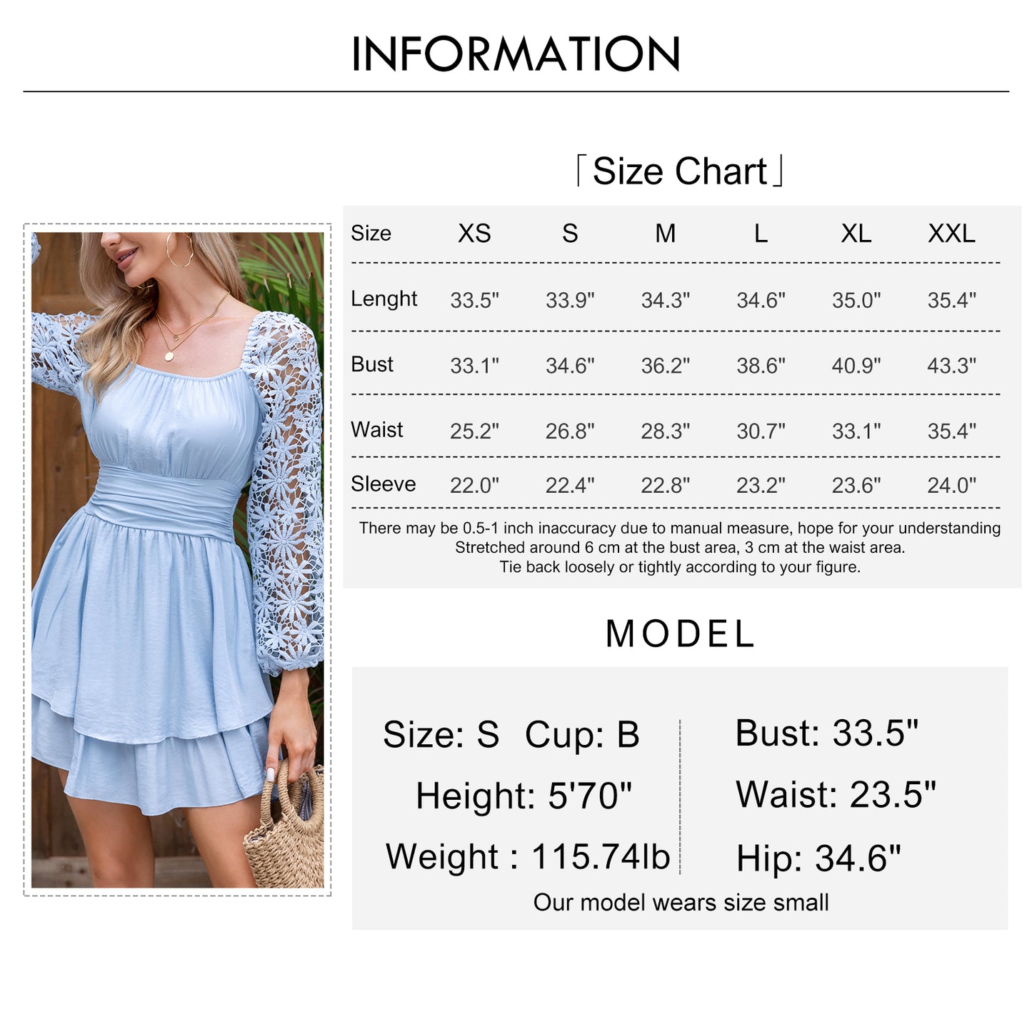 KRDR302EXLURA Women’s Lace Long Puff Sleeve Mini Dress Square Neck Backless Short Swing Party Dress Tie Back Bridesmaid Wedding Guest Dresses