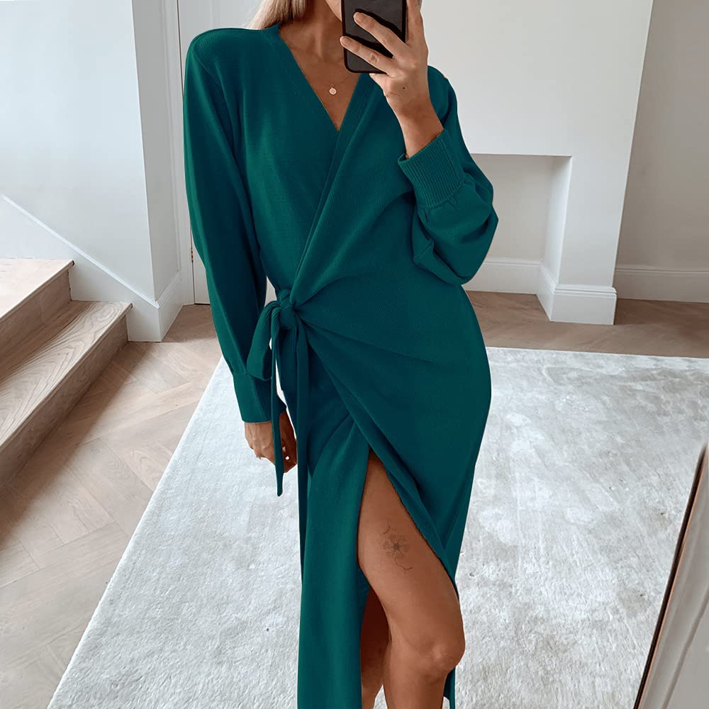 EXLURA Womens Knit Sweater Dress Casual Solid Long Sleeve Wrap Maxi Dresses with Belt