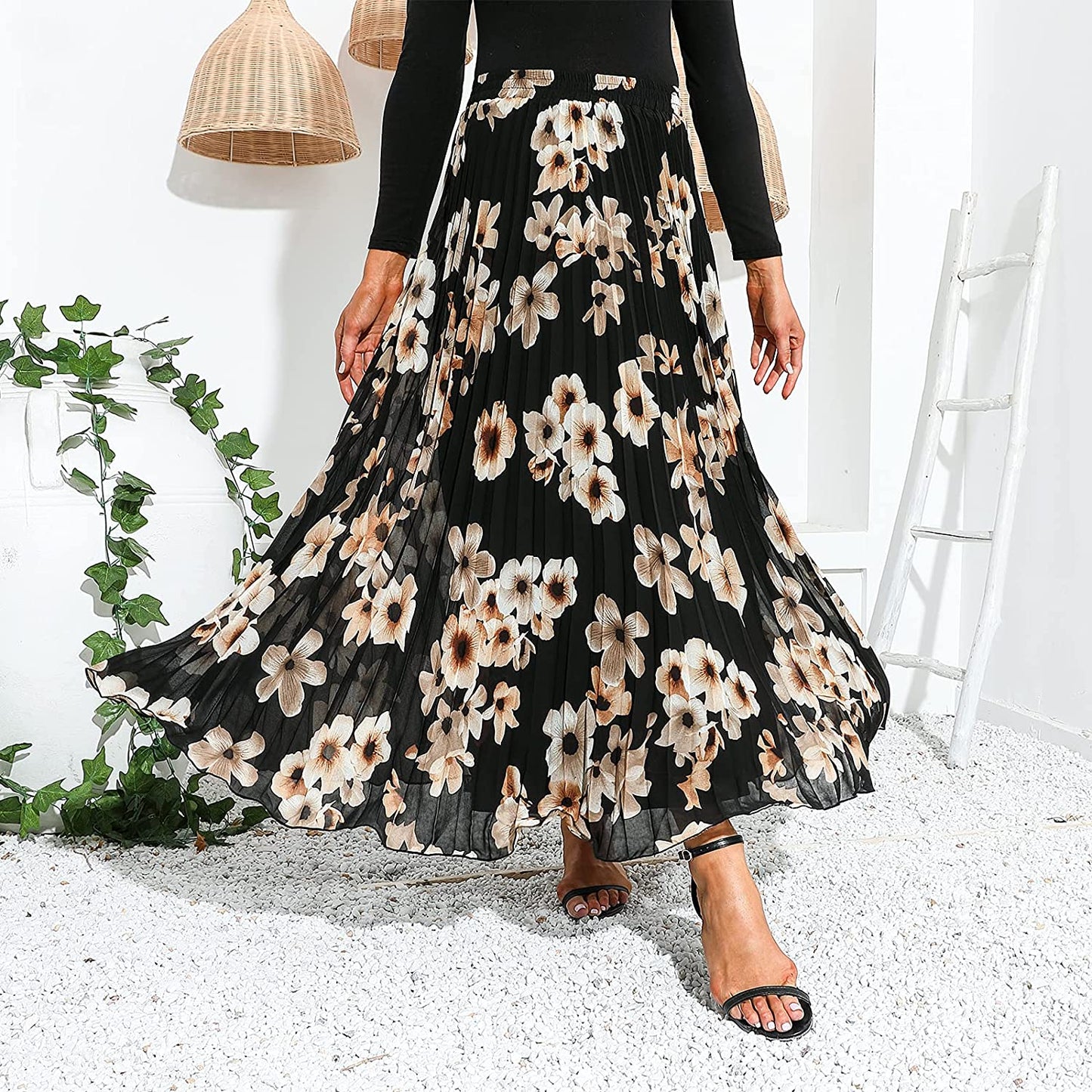 EXLURA Women's Floral Printed Chiffon Elastic High Waist Pleated Long Maxi Skirt