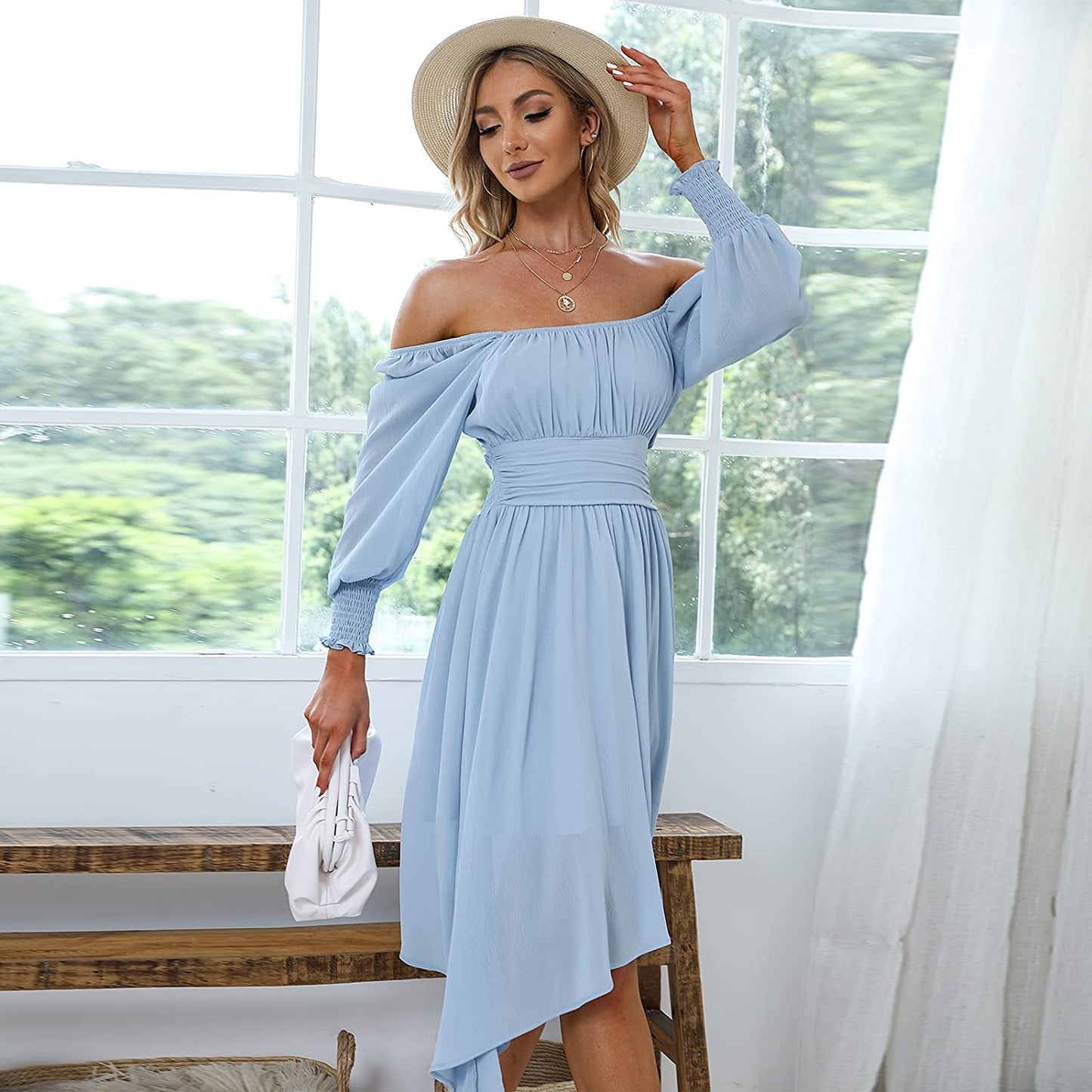 EXLURA Women's Tie Back Asymmetrical Hem Off Shoulder A-line Dresses Long Lantern Sleeve Ruffle Midi Dress