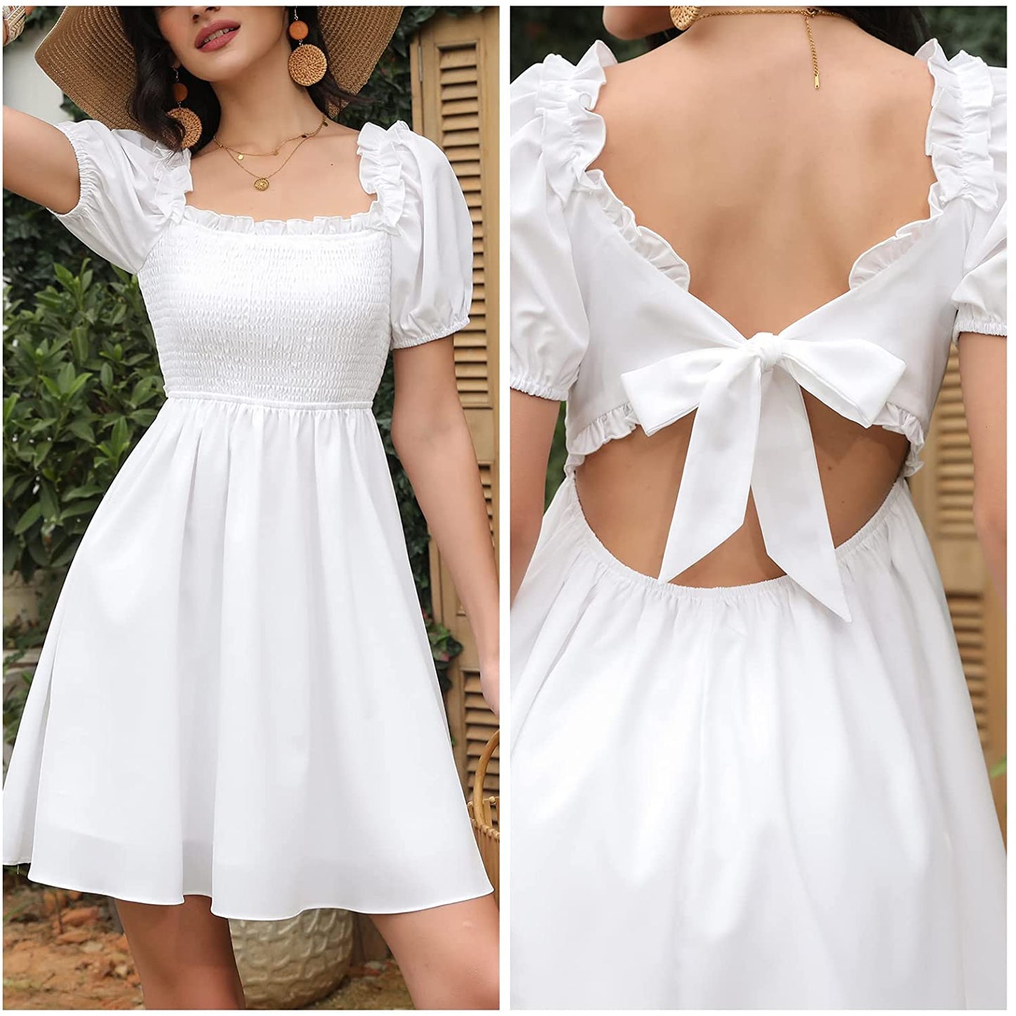 Byinns Womens Square Neck Tie Back Ruffle Off Shoulder Dress Summer Smocked A-Line Flowy Casual Mini Dress