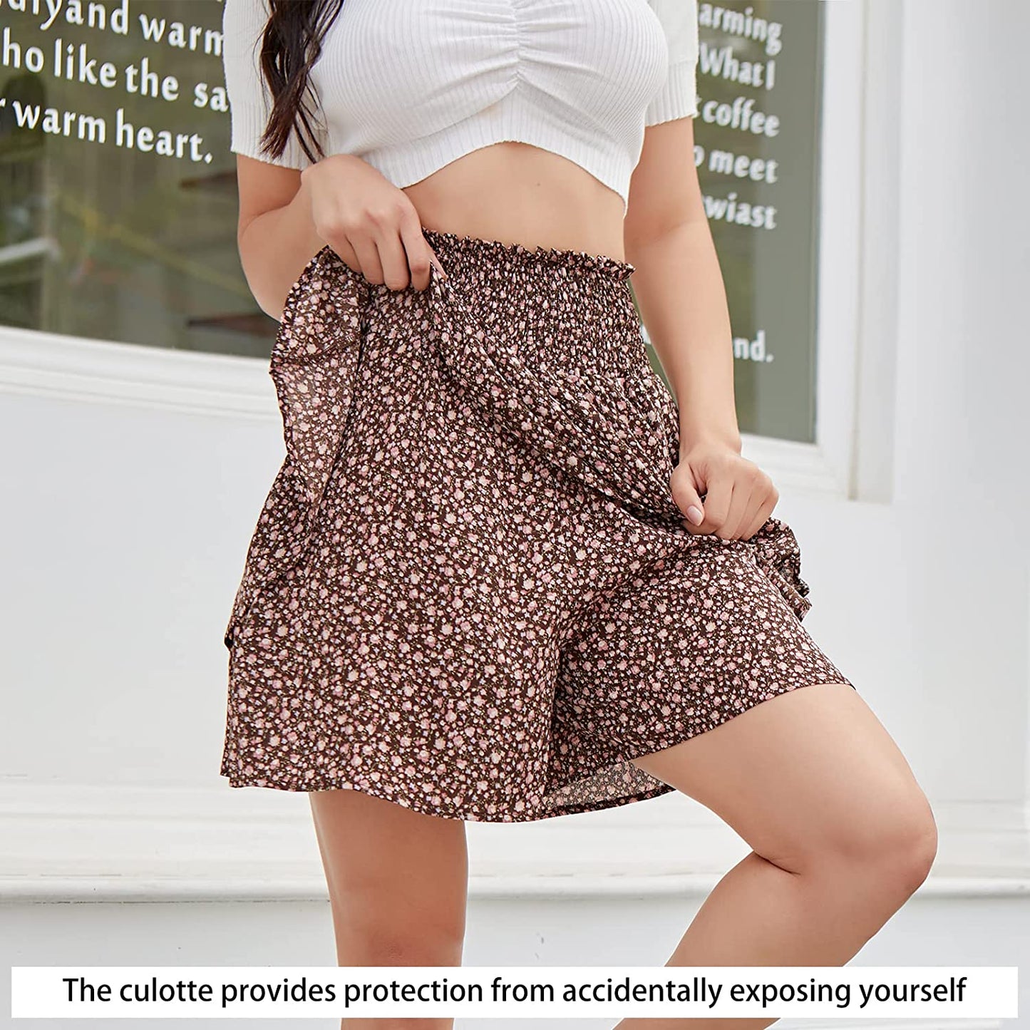 EXLURA Women's Elastic High Waist Skirt Boho Mini Casual Ruffle Layered Wide Leg Shorts Floral Short Trousers Culottes