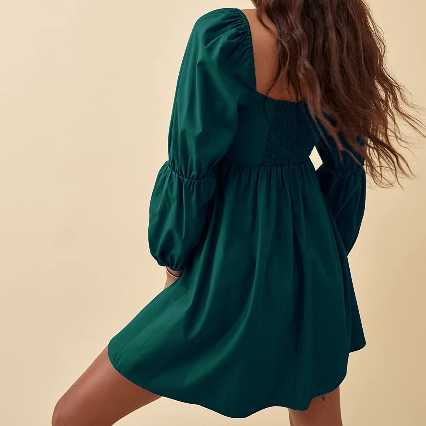 Square Neck Dress Long Puff Sleeve A-Line Casual Short Mini Dress