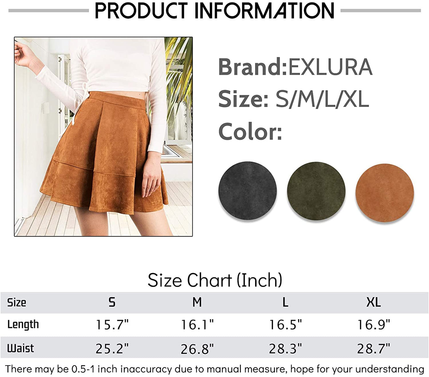 Exlura Womens Faux Suede High Waist Pleated Short Skirt Elastic Button Front Skater Mini Skirt