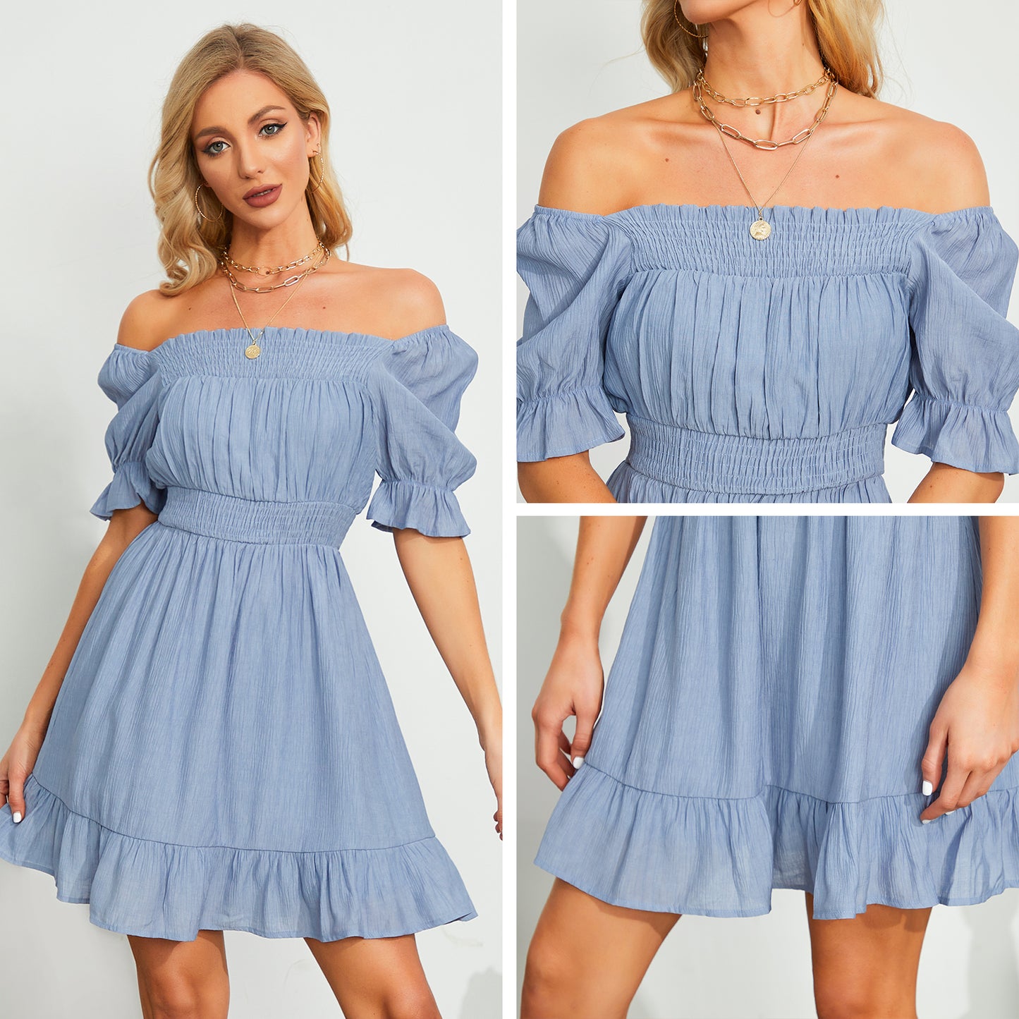 Exlura Women’s High Waist Square Neck Mini Dress Off Shoulder Smocked Puff Short Sleeve Summer Short Ruffle Dress