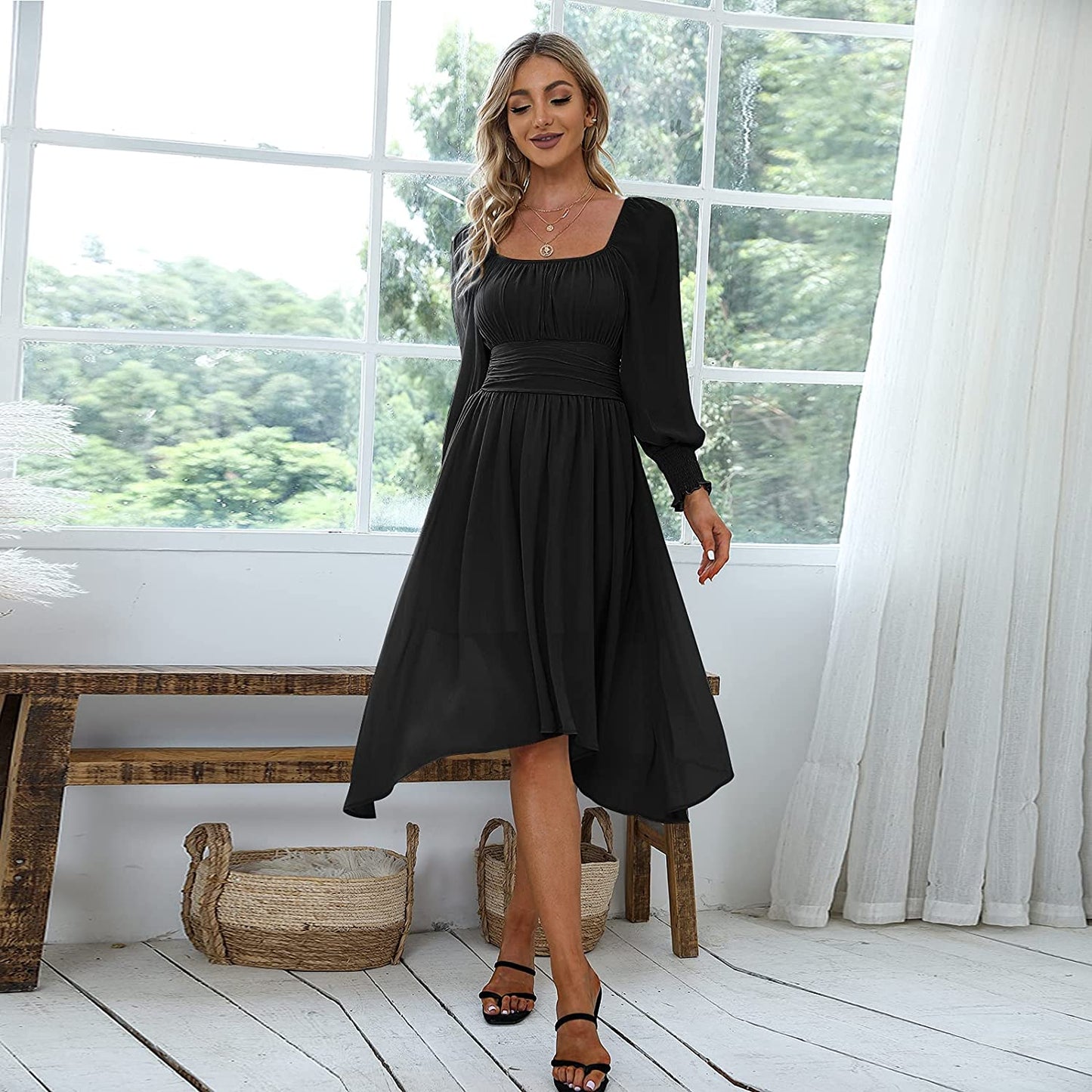 EXLURA Women's Tie Back Asymmetrical Hem Off Shoulder A-line Dresses Long Lantern Sleeve Ruffle Midi Dress
