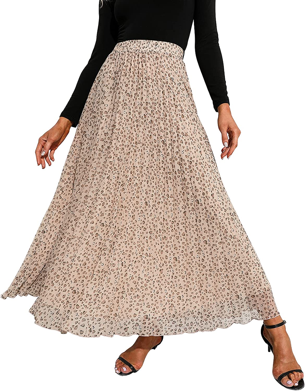 EXLURA Women's Floral Printed Chiffon Elastic High Waist Pleated Long Maxi Skirt