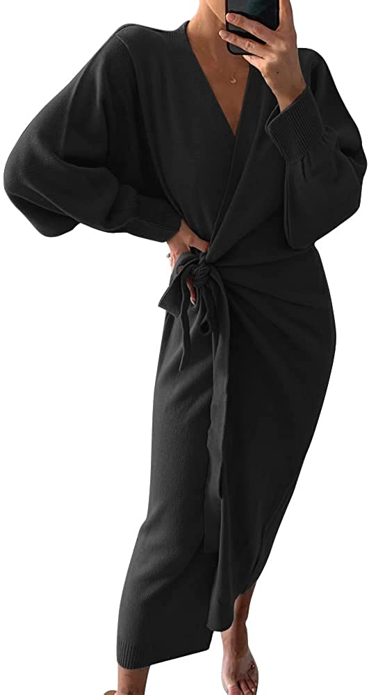 EXLURA Womens Knit Sweater Dress Casual Solid Long Sleeve Wrap Maxi Dresses with Belt