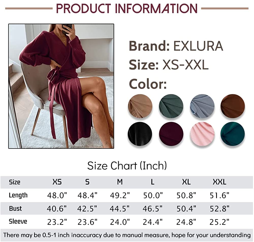 EXLURA Womens Knit Sweater Dress Casual Solid Long Sleeve Wrap Maxi Dresses with Belt