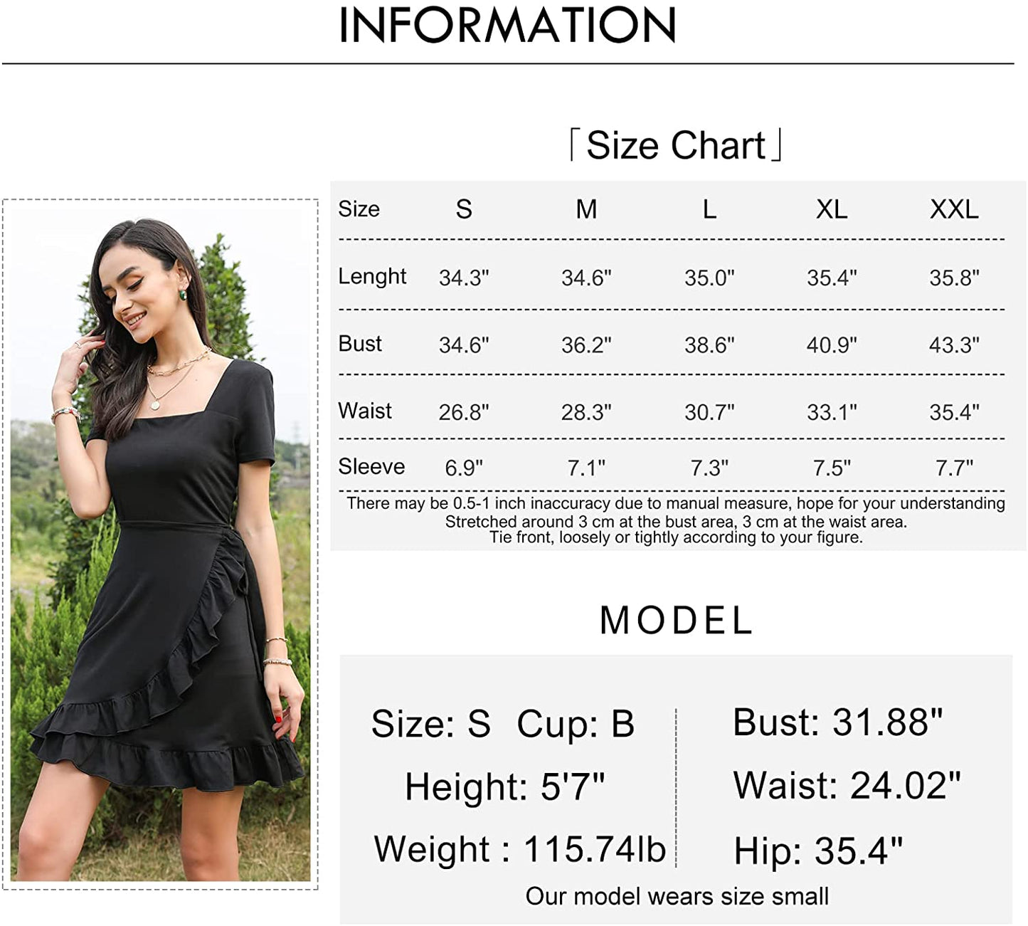 Byinns Womens Square Neck Ruffle Hem Dress Short Sleeve A Line Swing Shirred Wrap Asymmetrical Tie Back Casual Mini Dresses