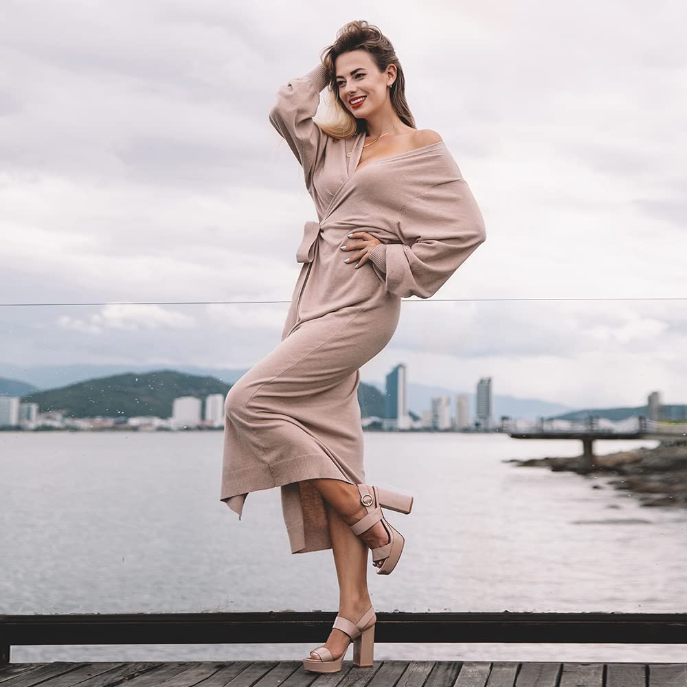 EXLURA Womens Knit Sweater Dress Casual Solid Long Sleeve Wrap Maxi Dresses with Belt