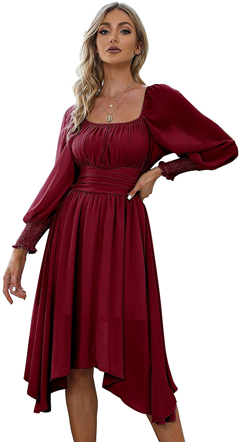 EXLURA Women's Tie Back Asymmetrical Hem Off Shoulder A-line Dresses Long Lantern Sleeve Ruffle Midi Dress