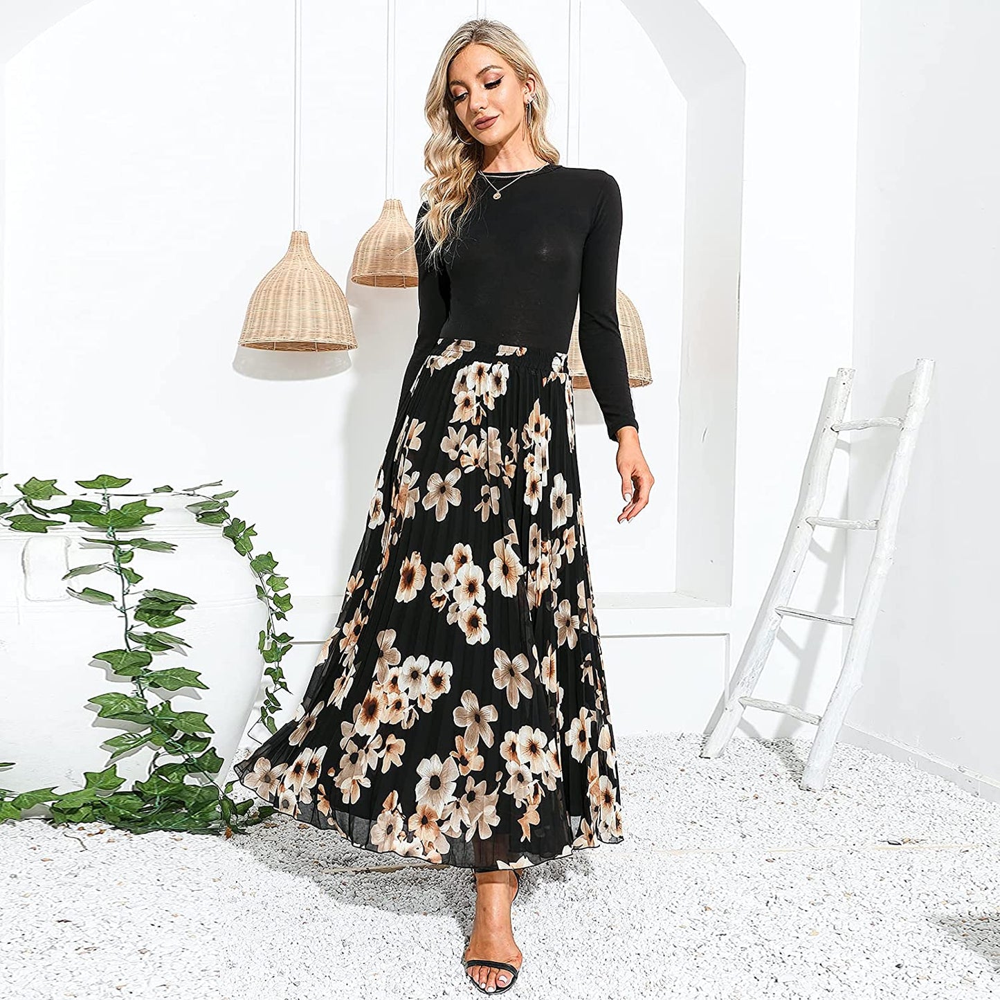 EXLURA Women's Floral Printed Chiffon Elastic High Waist Pleated Long Maxi Skirt