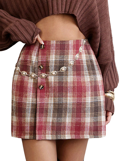 EXLURA Womens Faux Wool Plaid Mini Skirt Elastic High Waisted Tweed Skirts Button Bodycon Skirt Fall Winter Outfit Pocket
