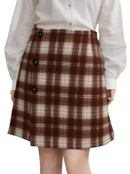EXLURA Womens Faux Wool Plaid Mini Skirt Elastic High Waisted Tweed Skirts Button Bodycon Skirt Fall Winter Outfit Pocket