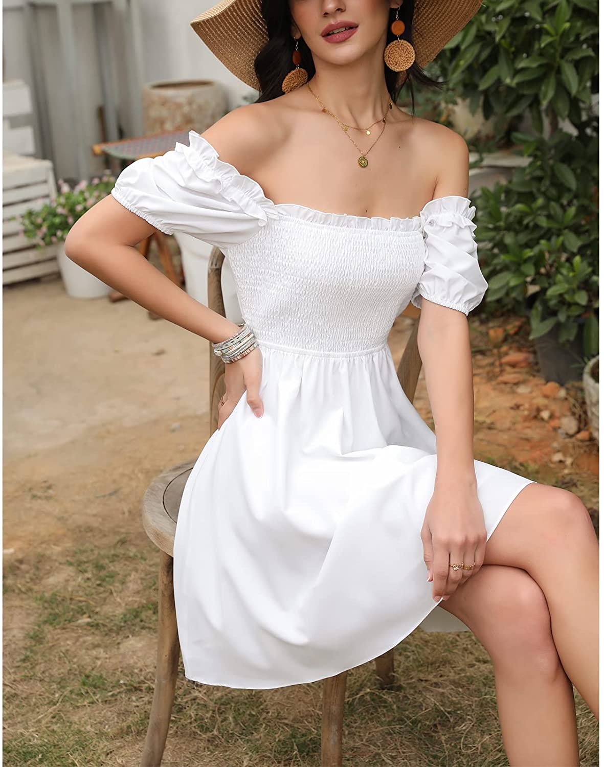 Byinns Womens Square Neck Tie Back Ruffle Off Shoulder Dress Summer Smocked A-Line Flowy Casual Mini Dress