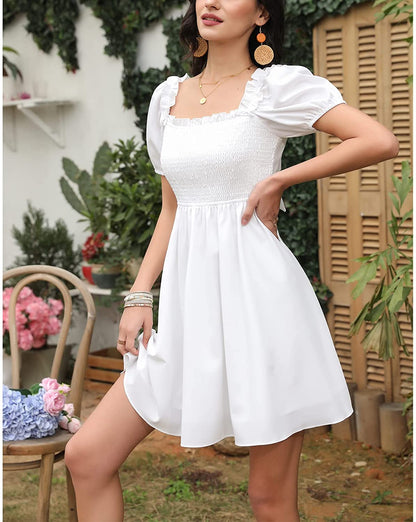 Byinns Womens Square Neck Tie Back Ruffle Off Shoulder Dress Summer Smocked A-Line Flowy Casual Mini Dress