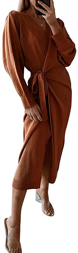 EXLURA Womens Knit Sweater Dress Casual Solid Long Sleeve Wrap Maxi Dresses with Belt