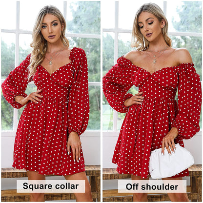 EXLURA Women's Polka Dot Off Shoulder Ruffled Chiffon Mini Dress Long Lantern Sleeve A-line Dresses Deep V-Neck Casual Dress