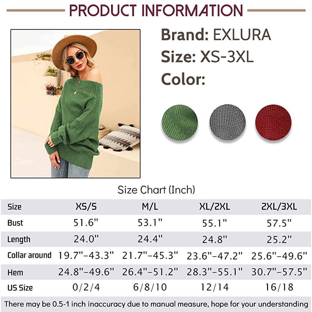 EXLURA Women's 024 New Off Shoulder Sweater Batwing Sleeve Loose Oversized Pullover Knit Jumper