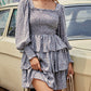 Square Neck Tie Back Bishop Sleeve Layered Flowy Swing Mini Dress