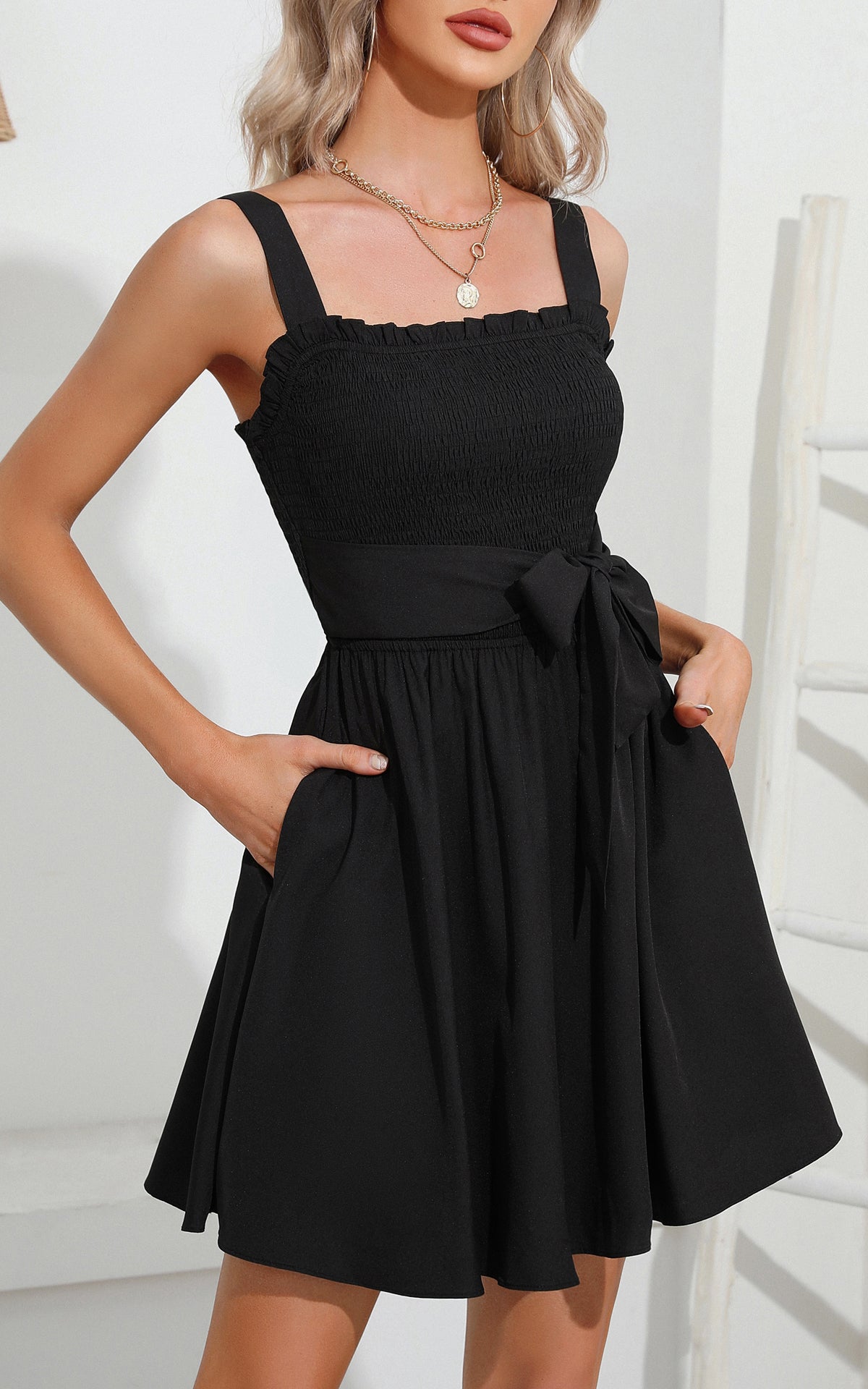 Summer Smocked Mini Sundresses - Belted Sleeveless