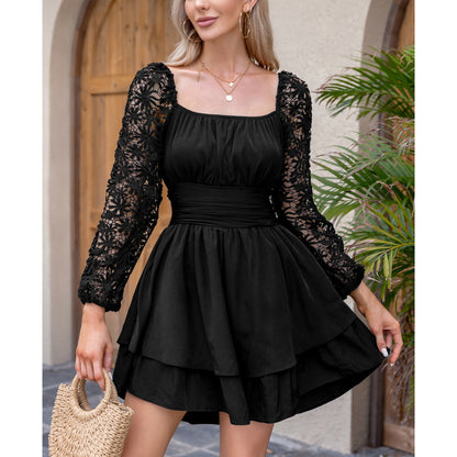 KRDR302EXLURA Women’s Lace Long Puff Sleeve Mini Dress Square Neck Backless Short Swing Party Dress Tie Back Bridesmaid Wedding Guest Dresses