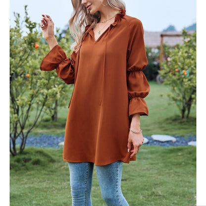 Exlura Women’s Vintage Casual Mini Dress Tie Front Ruffle Long Puff Sleeve Tunic Dress Cocktail Party Dress