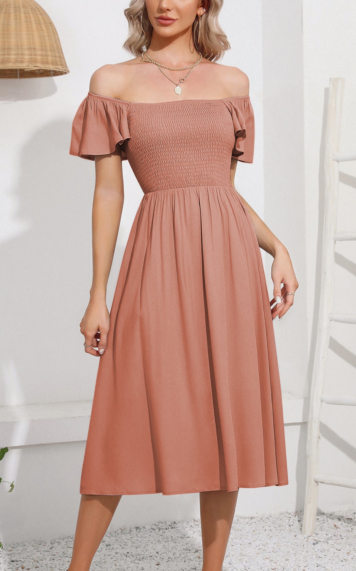 EXLURA Women's Summer Flowy Midi Dress - Square Neck Smocked Ruffle Short Sleeve Off The Shoulder Wedding Guest Dress