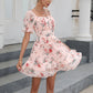 Floral Flowy Summer Dress - Square Neck Short Puff Sleeve Ruffle