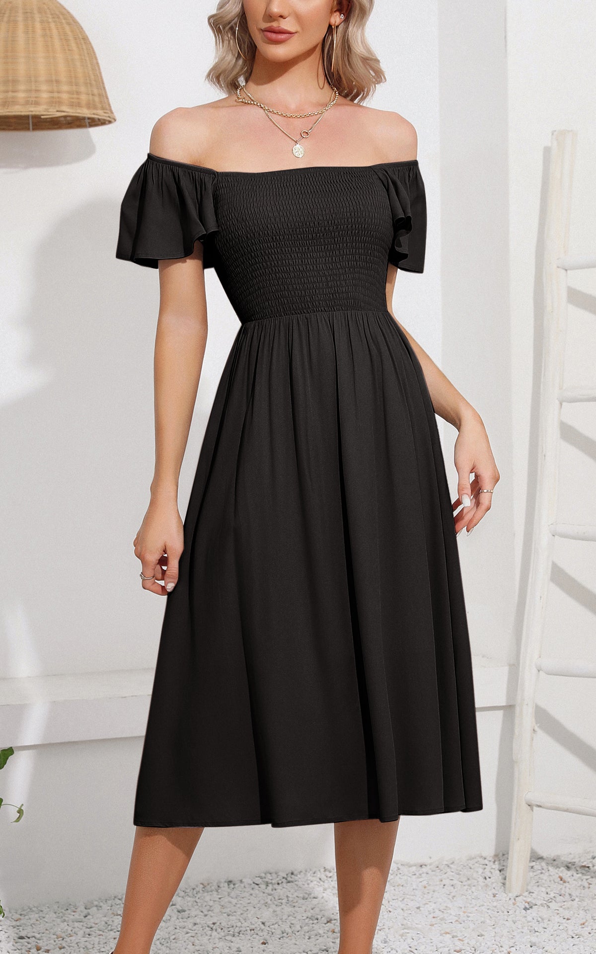 EXLURA Women's Summer Flowy Midi Dress - Square Neck Smocked Ruffle Short Sleeve Off The Shoulder Wedding Guest Dress