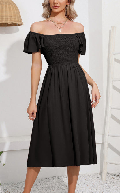 EXLURA Women's Summer Flowy Midi Dress - Square Neck Smocked Ruffle Short Sleeve Off The Shoulder Wedding Guest Dress