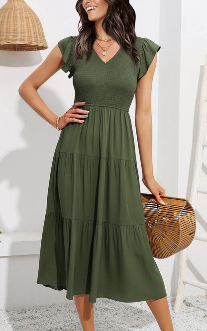 EXLURA Women's Summer Flowy Midi Dress - V Neck Smocked Ruffle Flutter Short Sleeve Boho Wedding Guest Dress