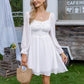 EXLURA Women’s Drawstring Mini Dress Sweetheart Neckline Smocked Flowy Dress Puff Long Sleeve Ruffle Cute Wedding Guest Dress