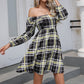 Square Neck Dress Long Puff Sleeve A-Line Casual Short Mini Dress
