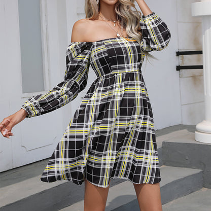 Square Neck Dress Long Puff Sleeve A-Line Casual Short Mini Dress