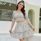 Exlura Women’s Two Piece Tiered Ruffle Outfit Tie Back Elbow Sleeve Crop Top Smocked Waist Off Shoulder Square Neck Tops and Mini Skirt Set