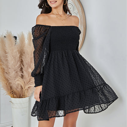 Exlura Women’s Vintage Mini Dress Round Neck Long Sleeve Swiss Dot Empire Waist Skater Dress Babydoll Casual Dress