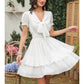 Exlura Women’s V Neck Summer Ruffle Dress Sundress Tiered Smocked Tie Front Short Puff Sleeve Swing Mini Dress