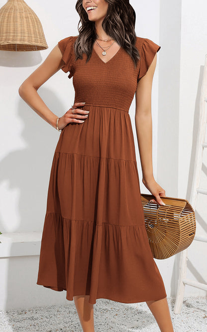 EXLURA Women's Summer Flowy Midi Dress - V Neck Smocked Ruffle Flutter Short Sleeve Boho Wedding Guest Dress